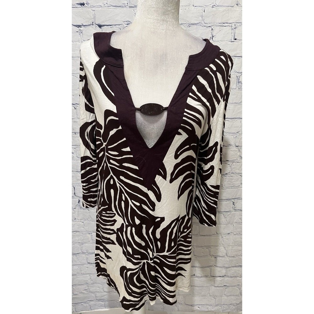 CZ Cover Ups Women's 3/4 Sleeve Leaf Print Tunic Brown & Cream swim cover Small